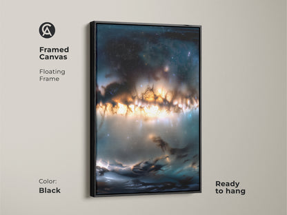 Framed canvas with floating frame. The nebula artwork features orange and blue. The frame is black. Ready to hang. Elevate your interior style with this framed canvas art. Great for adding a modern touch to any room.