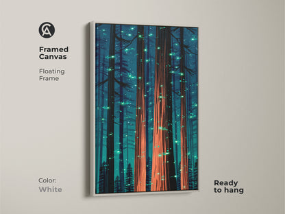 Framed canvas featuring a dreamy woodland scene. A white floating frame enhances the tall glowing trees. This teal and coral artwork adds color to any room. The ready-to-hang print is perfect for eclectic decor.