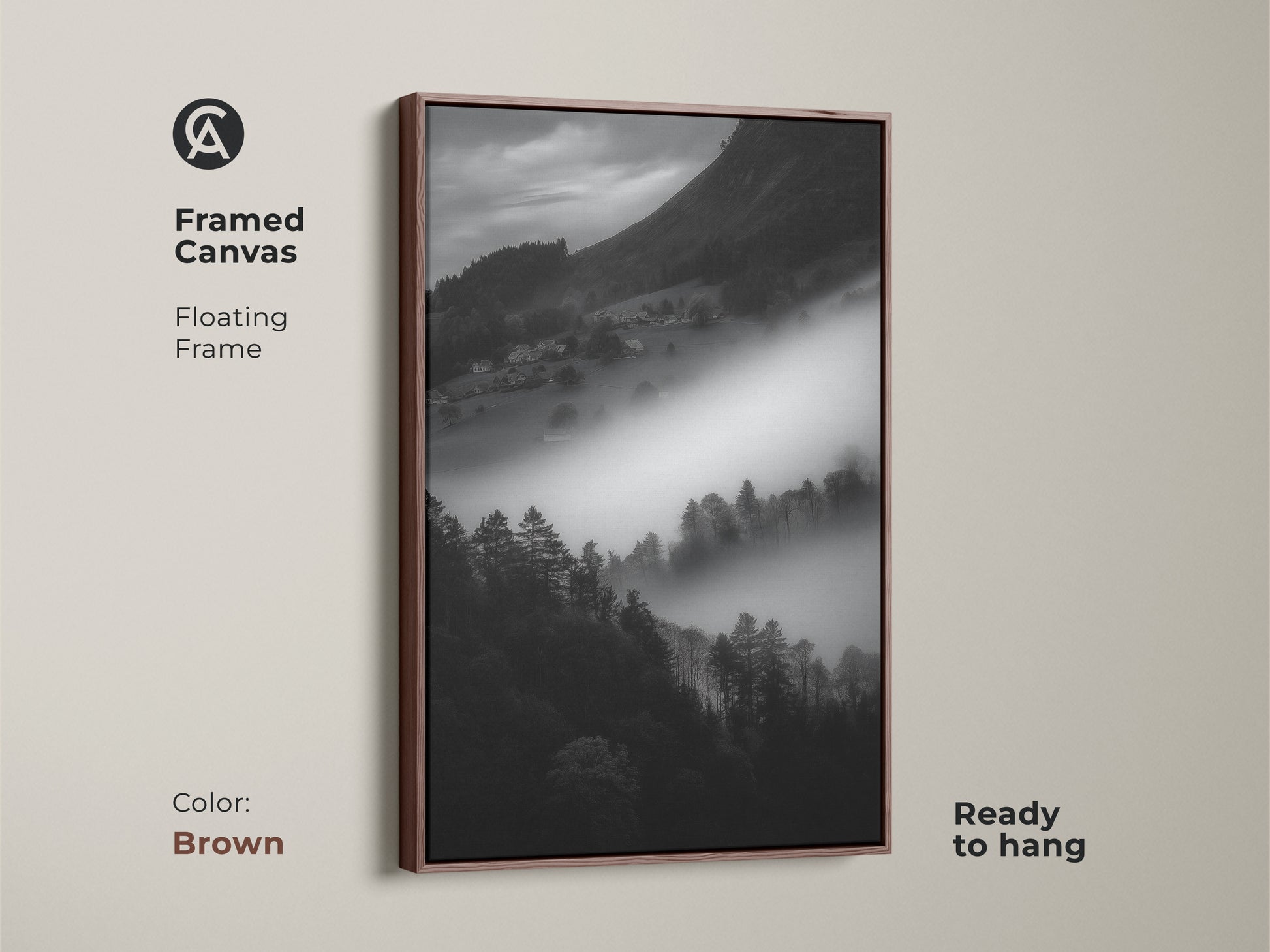 Brown framed canvas of a foggy mountain village. This monochrome landscape features black and white nature canvas art. Contemporary wall decor is ready to hang. The fine art landscape has a floating frame.