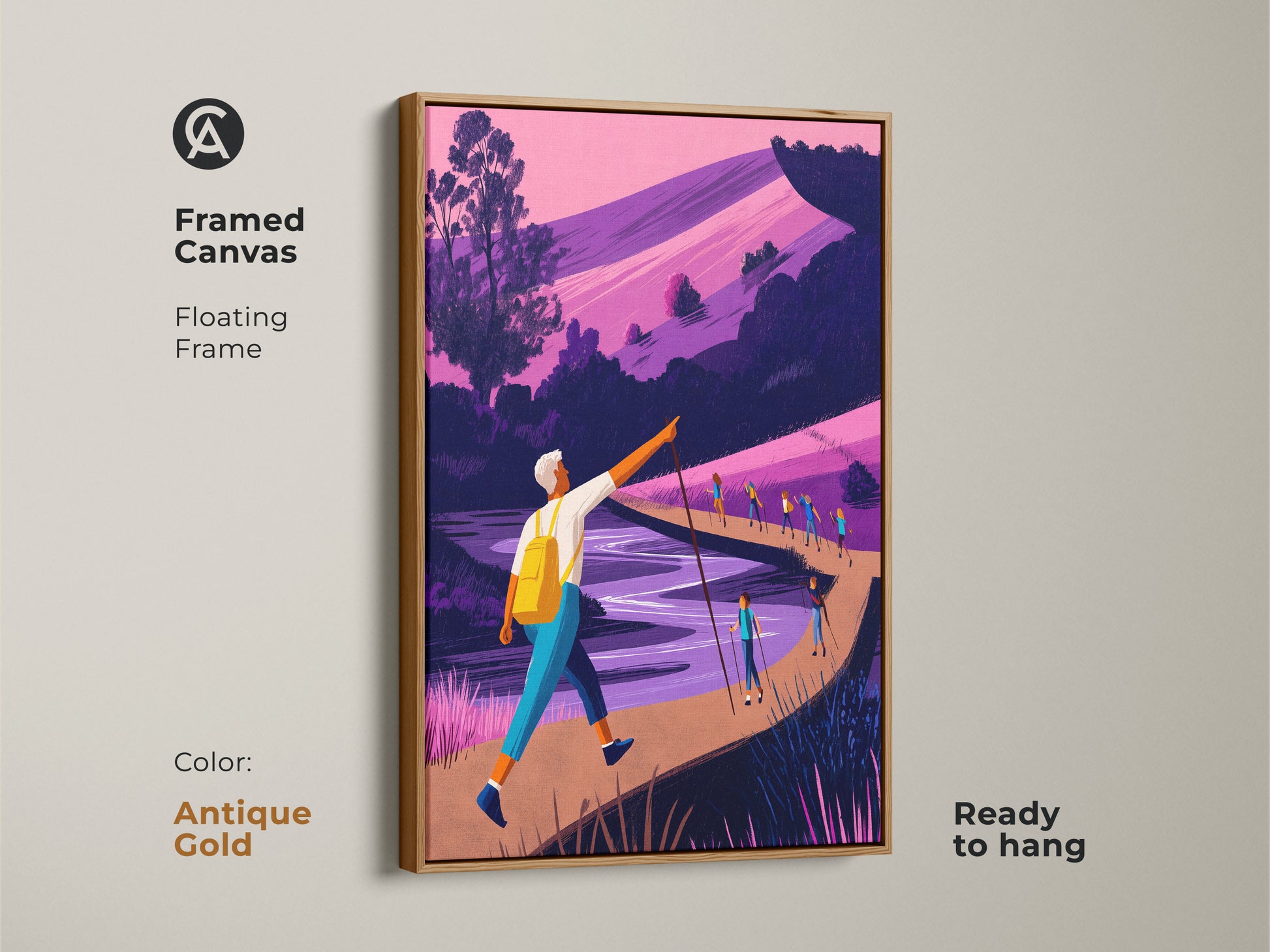 Framed canvas in antique gold with a floating frame. The contemporary travel poster is ready to hang. This artistic adventure artwork is great for entry halls. It is perfect for modern home decor.