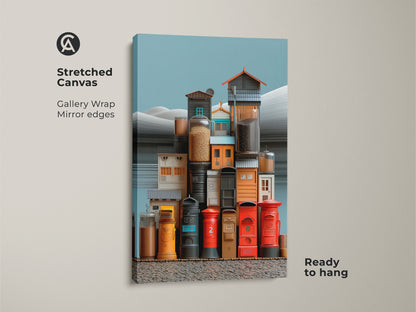 Stretched canvas art featuring a surrealist still life. The vibrant Red Yellow Teal palette pops. It transforms post boxes and jars into a whimsical cityscape. Ready to hang this eclectic artwork brings urban flair to any space. A perfect housewarming gift for art lovers.