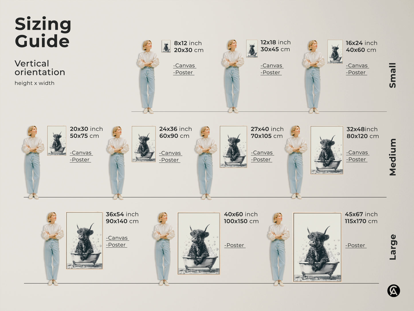 Sizing guide for Highland cow in bathtub art. See vertical orientation height and width options. Available in small medium and large sizes. Perfect for canvas or poster prints. Visualize the right fit for your farmhouse wall art. A great gift idea for farm lovers.