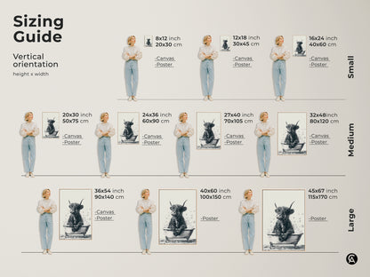 Sizing guide for Highland cow in bathtub art. See vertical orientation height and width options. Available in small medium and large sizes. Perfect for canvas or poster prints. Visualize the right fit for your farmhouse wall art. A great gift idea for farm lovers.