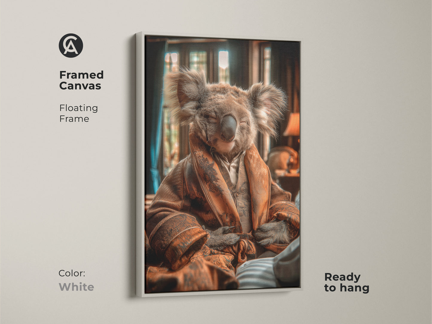 A framed canvas featuring a koala wearing a robe. The white floating frame offers a clean look for your cozy bedroom. It is a unique anthropomorphic art gift. Ideal for adding charm to a residential space.