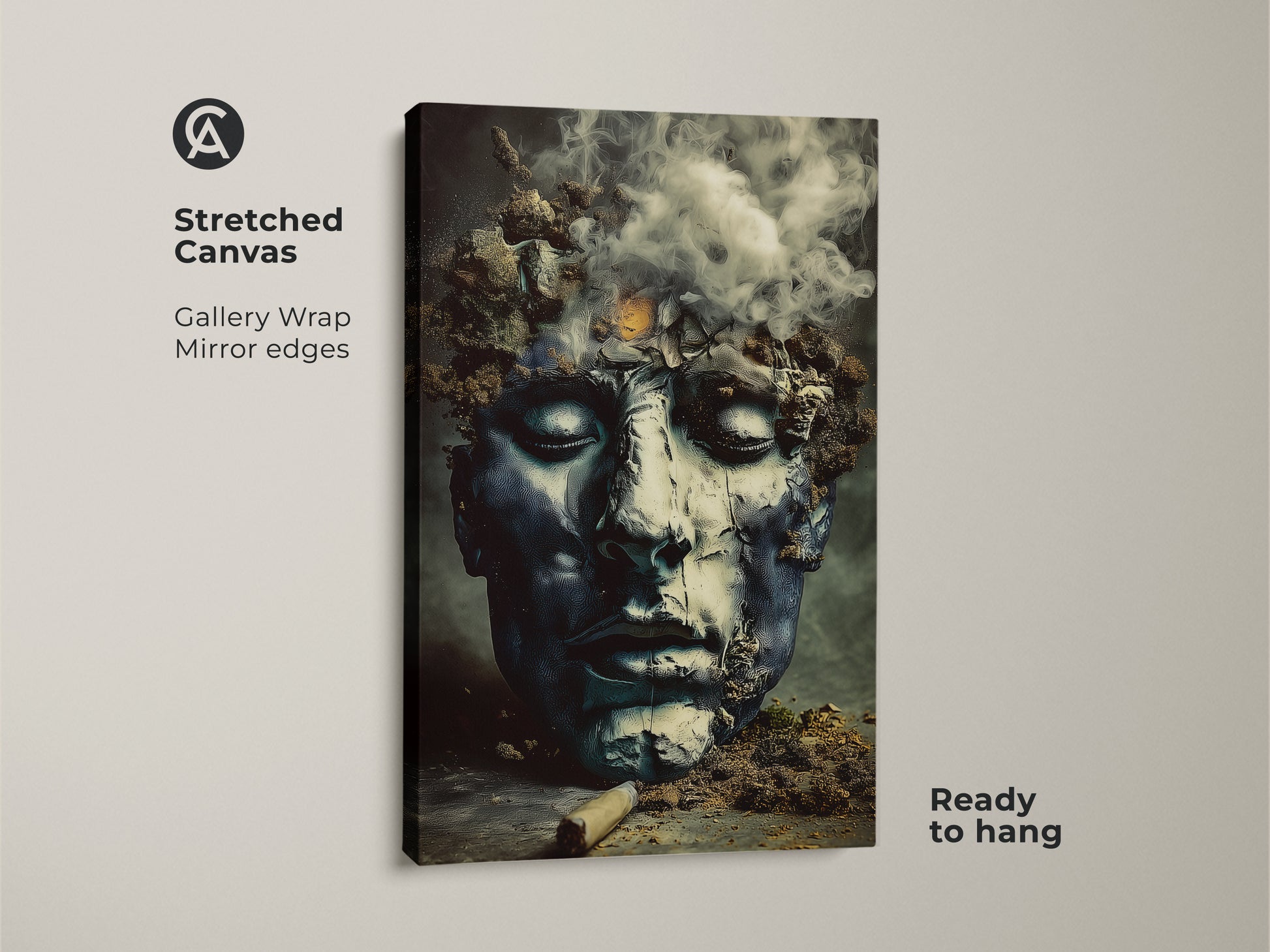 Close up of a stretched canvas featuring a surreal face. Abstract smoke art adds an eclectic touch. The dark academia decor uses deep blue and charcoal tones. Ready to hang as unique abstract art.