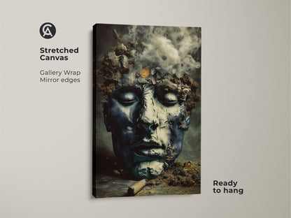 Close up of a stretched canvas featuring a surreal face. Abstract smoke art adds an eclectic touch. The dark academia decor uses deep blue and charcoal tones. Ready to hang as unique abstract art.