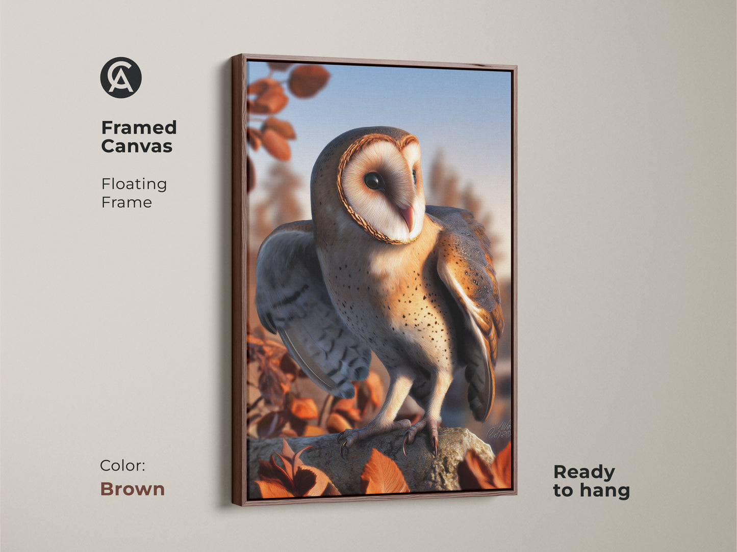 Framed canvas featuring a barn owl. Floating frame in brown enhances the rustic nature decor. This autumn leaves wall art is ready to hang. A perfect bird watcher gift idea. The wildlife artwork complements any space.