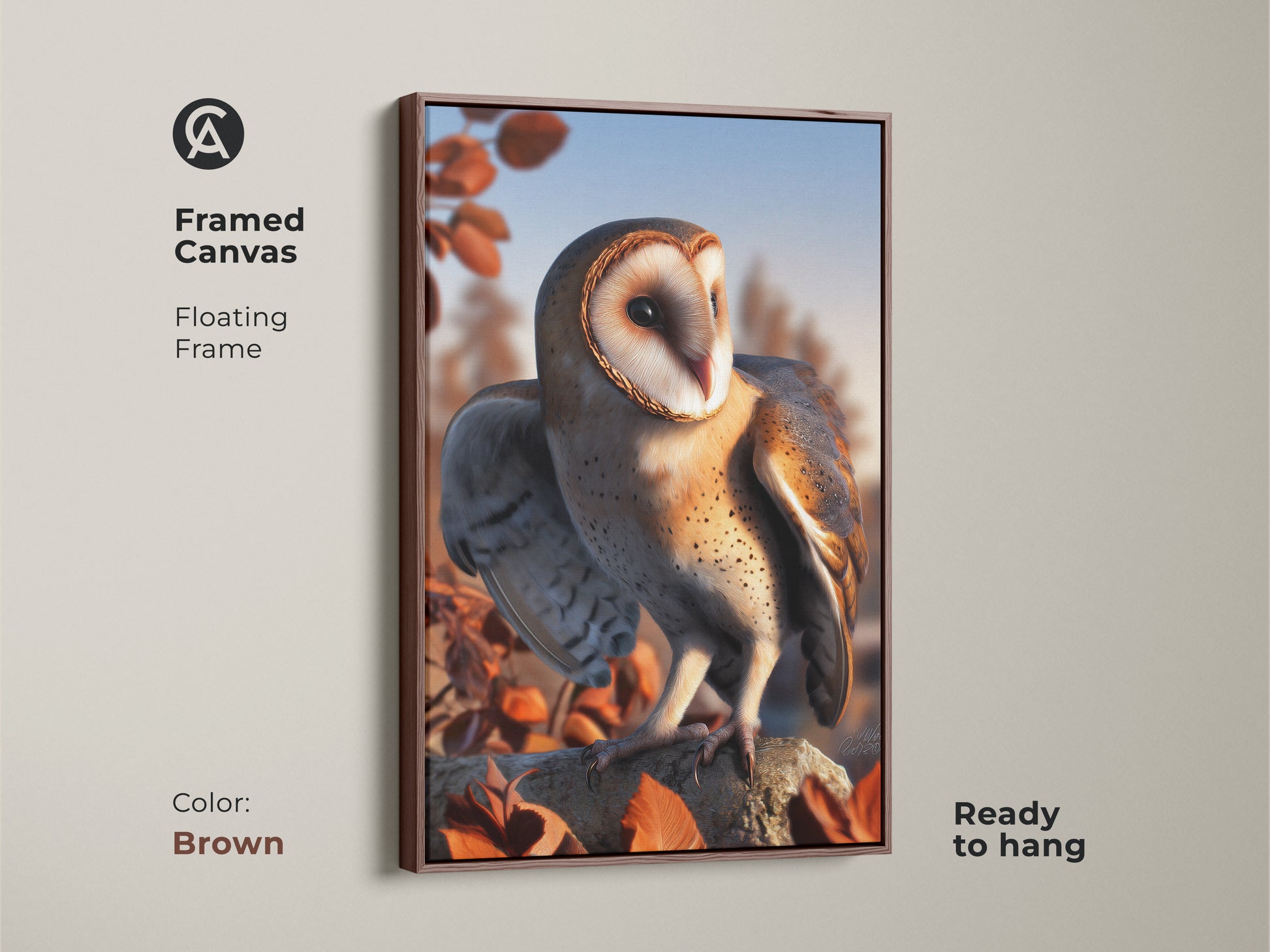 Framed canvas featuring a barn owl. Floating frame in brown enhances the rustic nature decor. This autumn leaves wall art is ready to hang. A perfect bird watcher gift idea. The wildlife artwork complements any space.