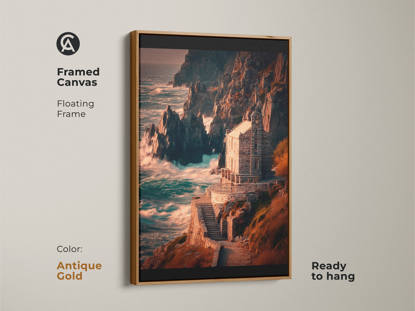 An antique gold framed canvas art print of a stone house on rocky cliffs. The deep blue teal artwork is ready to hang. It is a beautiful addition to any beach house wall.