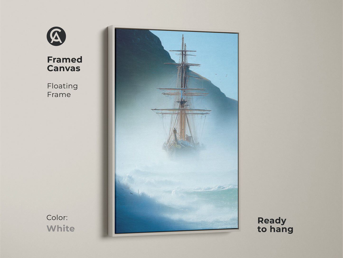 This framed tall ship canvas art captures maritime adventure on a stormy sea. The blue gray tones evoke a sense of nautical charm and coastal style. Ready to hang this artwork is perfect for ocean lovers. A white floating frame completes this beautiful piece of sailing ship artwork.