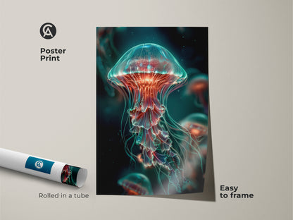 Poster print of a jellyfish artwork rolled in a tube. This museum-quality paper ensures a lasting impression. The poster is easy to frame. It allows for a personalized display. Ideal for adding marine life art to your collection.