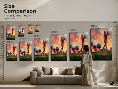 Size comparison of golf art prints in a living room setting. See how different sizes complement your furniture. Choose the perfect size for your space. Artwork available as canvas or poster. Elevate your home decor with golf art.
