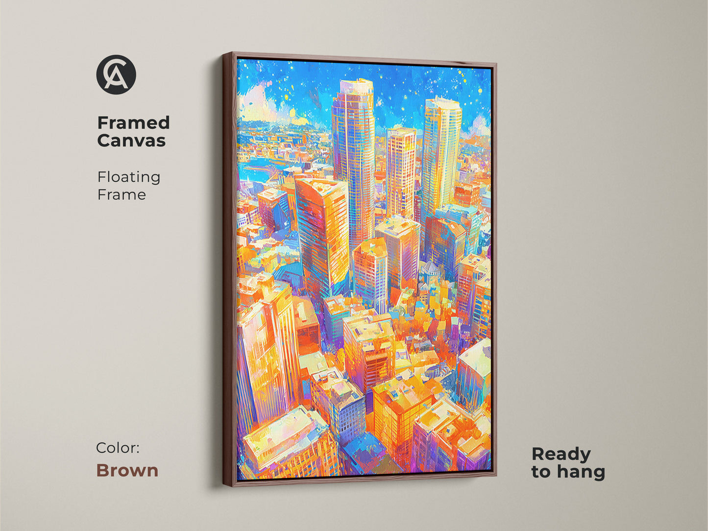 Framed canvas featuring colorful urban artwork with a floating frame in brown color. The ready-to-hang piece adds modern flair to your home. The cityscape art brings a vibrant urban landscape indoors. This painting is a stylish statement piece.