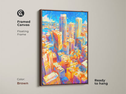 Framed canvas featuring colorful urban artwork with a floating frame in brown color. The ready-to-hang piece adds modern flair to your home. The cityscape art brings a vibrant urban landscape indoors. This painting is a stylish statement piece.