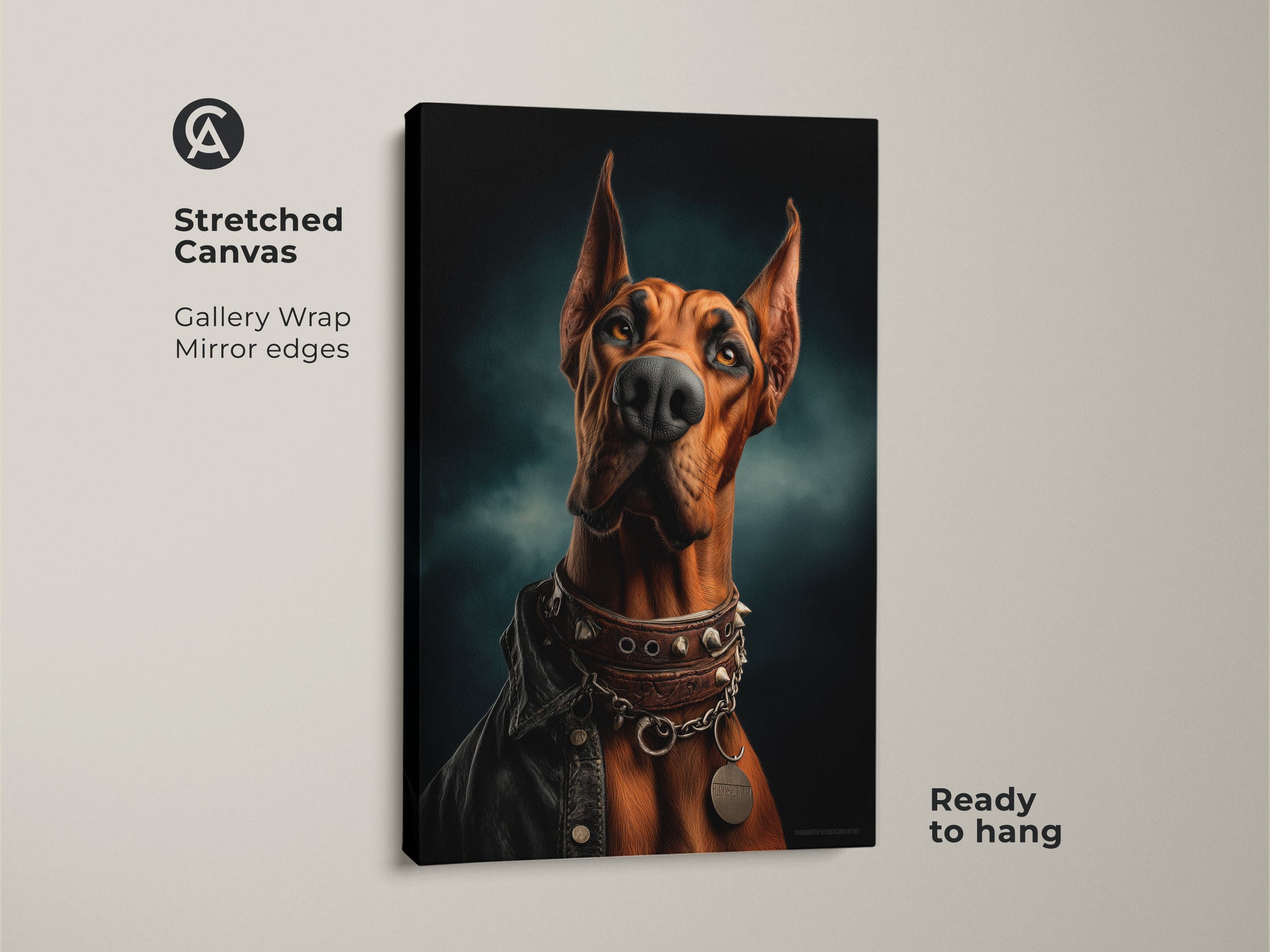 Gallery wrapped Doberman canvas art ready to hang. This stretched canvas features mirror edges. The canvas shows a noble Doberman in a russet leather jacket. A studded collar completes the eclectic animal artwork. It is ideal for home office or den decor.