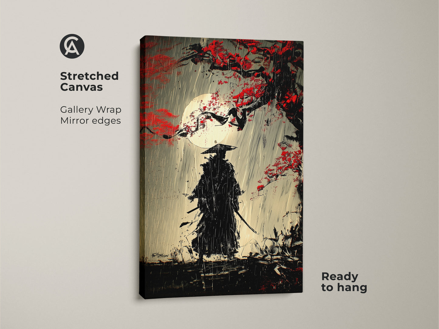 A stretched canvas print shows a samurai warrior under a moonlit sky. The Ukiyo-e style painting has vibrant red blossoms. This Japanese art wall decor is ready to hang. The warrior silhouette art is perfect for office art. The nature-inspired canvas has gallery-wrapped mirror edges.