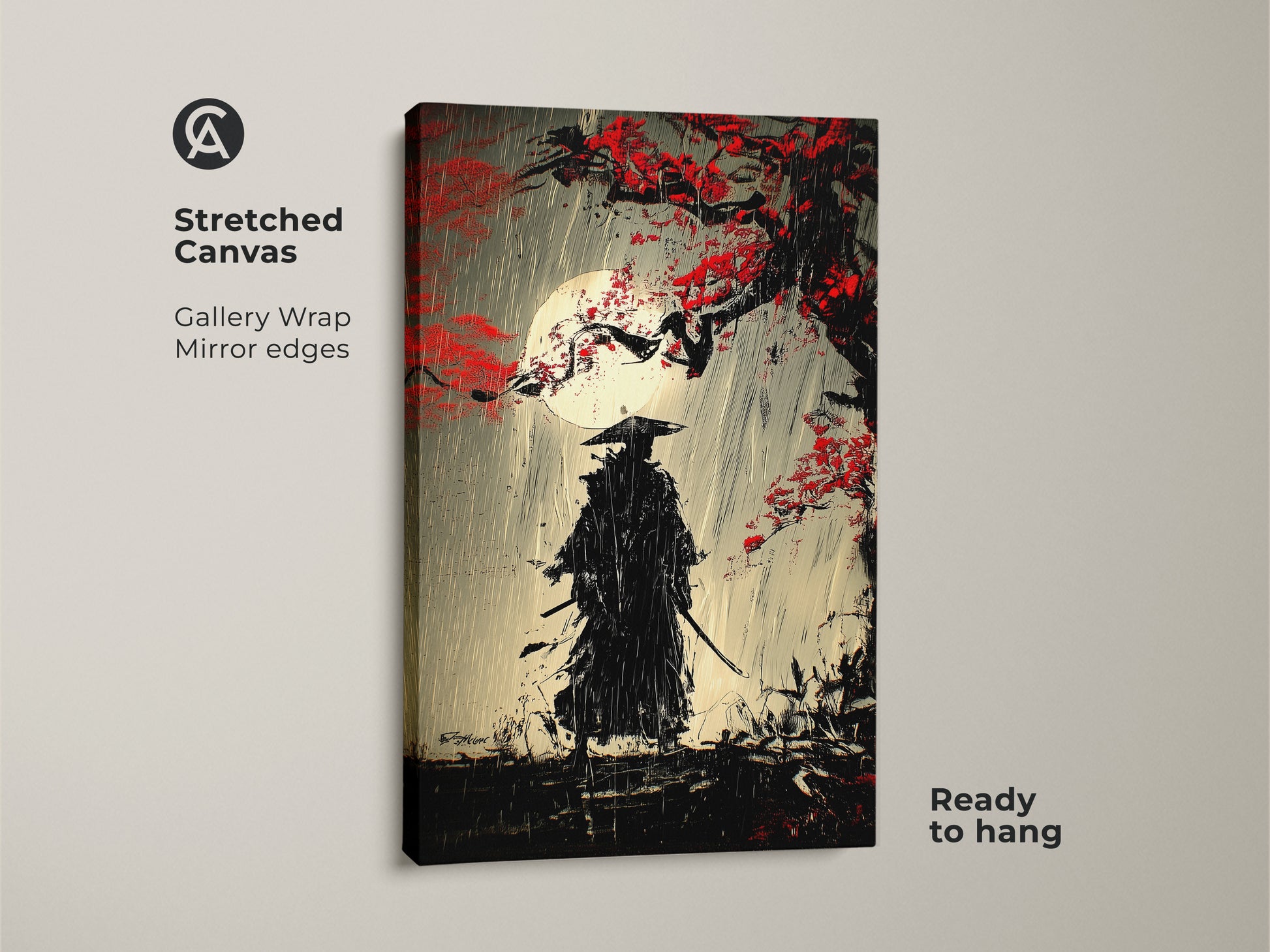 A stretched canvas print shows a samurai warrior under a moonlit sky. The Ukiyo-e style painting has vibrant red blossoms. This Japanese art wall decor is ready to hang. The warrior silhouette art is perfect for office art. The nature-inspired canvas has gallery-wrapped mirror edges.