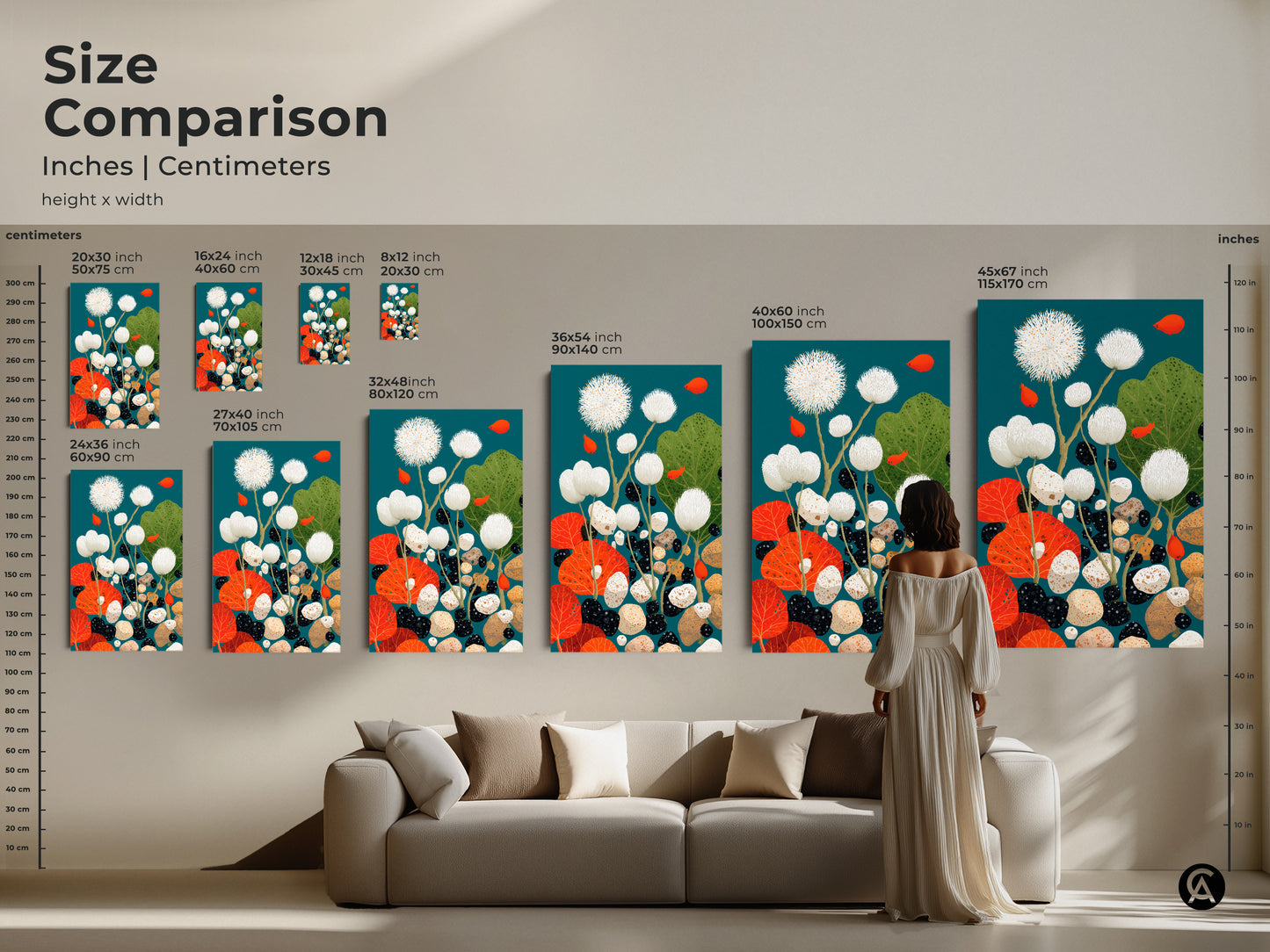 Size comparison of abstract botanical canvas art. Visualize dandelion and pebble artwork sizes in a living room. Teal and orange canvas art shown in various dimensions. Perfect for unique wall decor.
