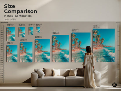 Size comparison of beach art prints in inches and centimeters. See how different sizes of canvas and posters look in a living room setting. Choose the perfect scale for your wall art needs.