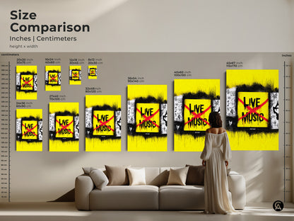 Size comparison of live music art in inches and centimeters. See how the yellow and black urban graffiti canvas fits above a sofa. Perfect eclectic home wall art for music fans.