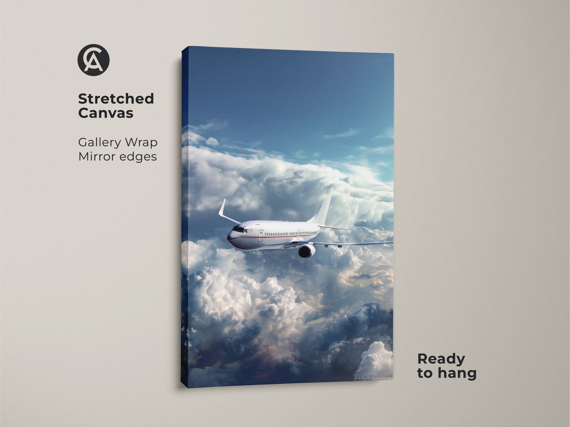 Stretched canvas featuring an airplane flying through clouds. Gallery wrapped aviation art with mirror edges. This modern sky blue airplane print is ready to hang. Perfect office decor travel gift.