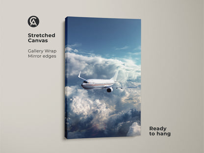 Stretched canvas featuring an airplane flying through clouds. Gallery wrapped aviation art with mirror edges. This modern sky blue airplane print is ready to hang. Perfect office decor travel gift.