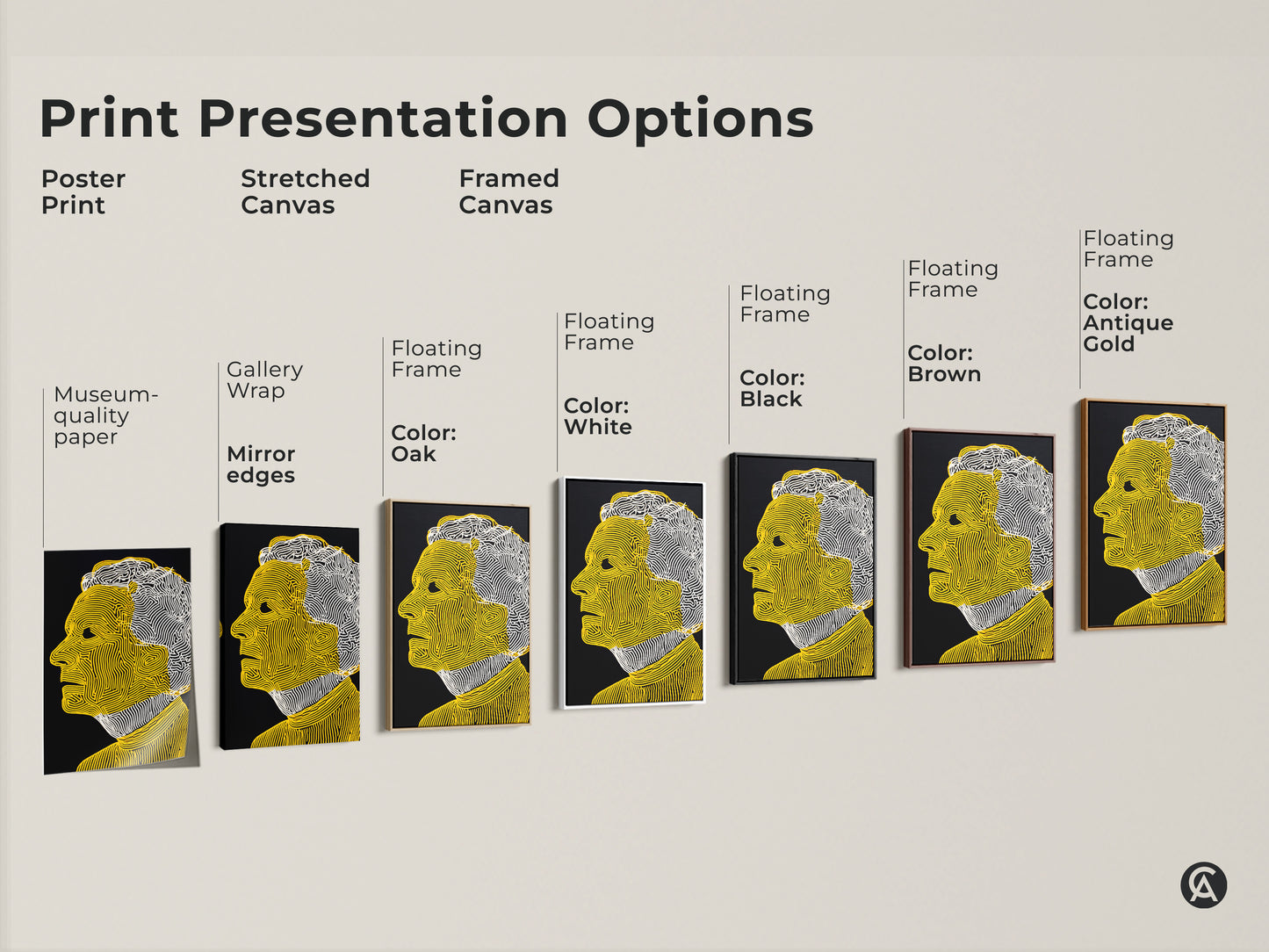 Explore print presentation options for this line art portrait. Choose from poster prints stretched canvases and framed canvases. Each option highlights the yellow and white art on a black background. Find the perfect style.