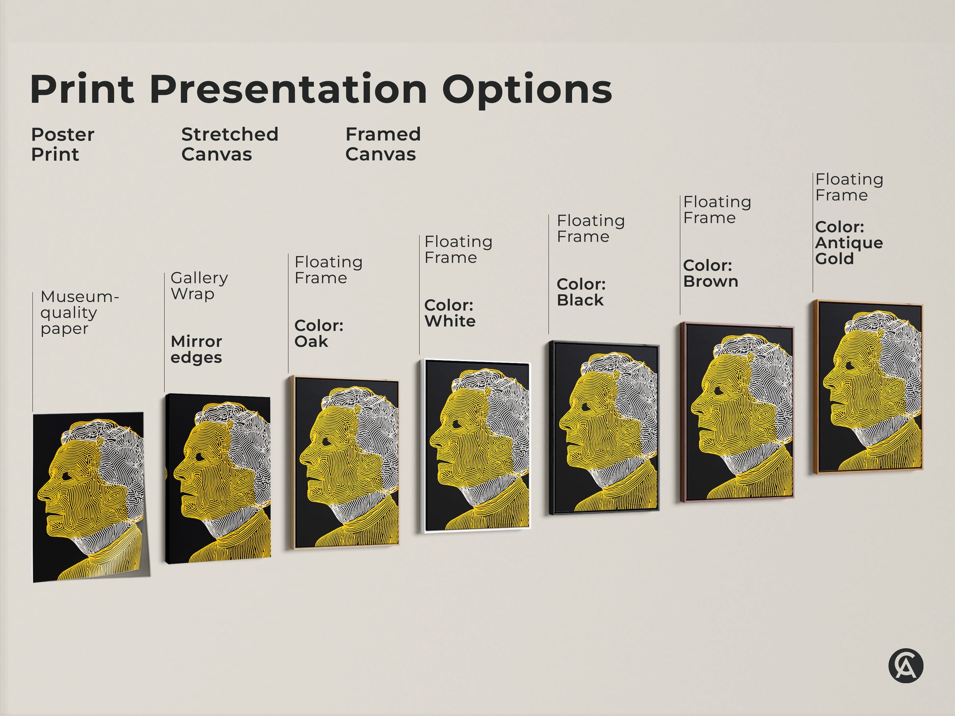 Explore print presentation options for this line art portrait. Choose from poster prints stretched canvases and framed canvases. Each option highlights the yellow and white art on a black background. Find the perfect style.