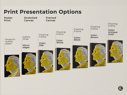 Explore print presentation options for this line art portrait. Choose from poster prints stretched canvases and framed canvases. Each option highlights the yellow and white art on a black background. Find the perfect style.