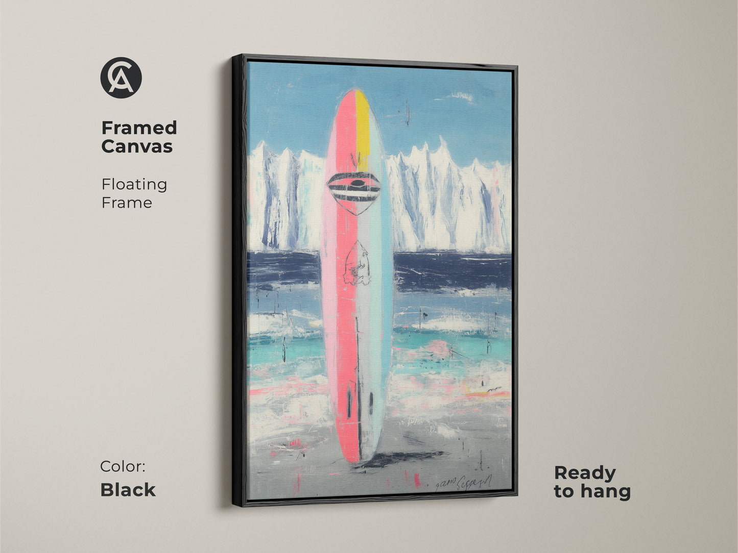 Framed canvas with a black floating frame. Showcases abstract surfboard artwork. Ready to hang piece perfect for beach house decor. Pink blue and teal colors.