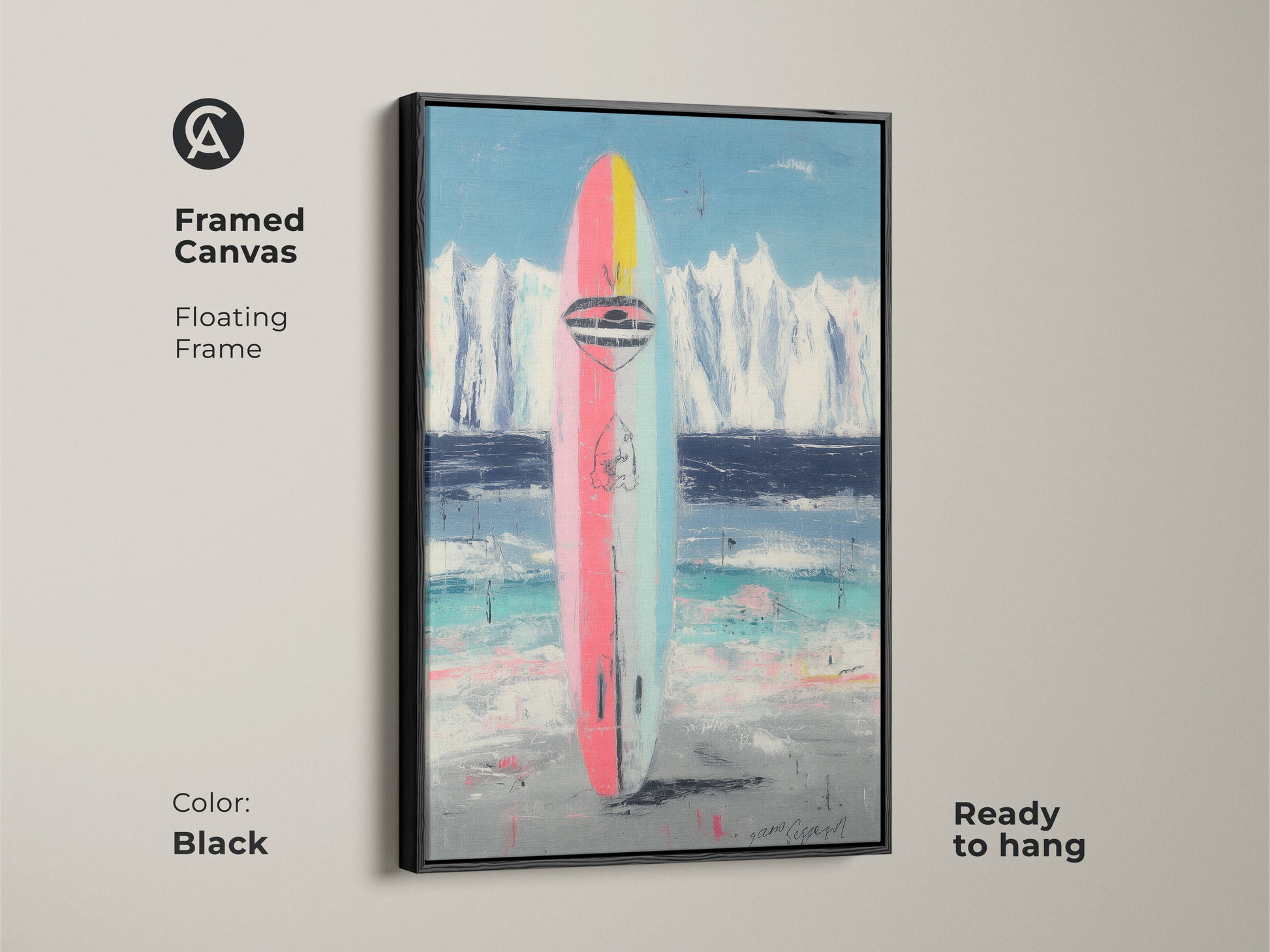 Framed canvas with a black floating frame. Showcases abstract surfboard artwork. Ready to hang piece perfect for beach house decor. Pink blue and teal colors.