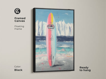 Framed canvas with a black floating frame. Showcases abstract surfboard artwork. Ready to hang piece perfect for beach house decor. Pink blue and teal colors.