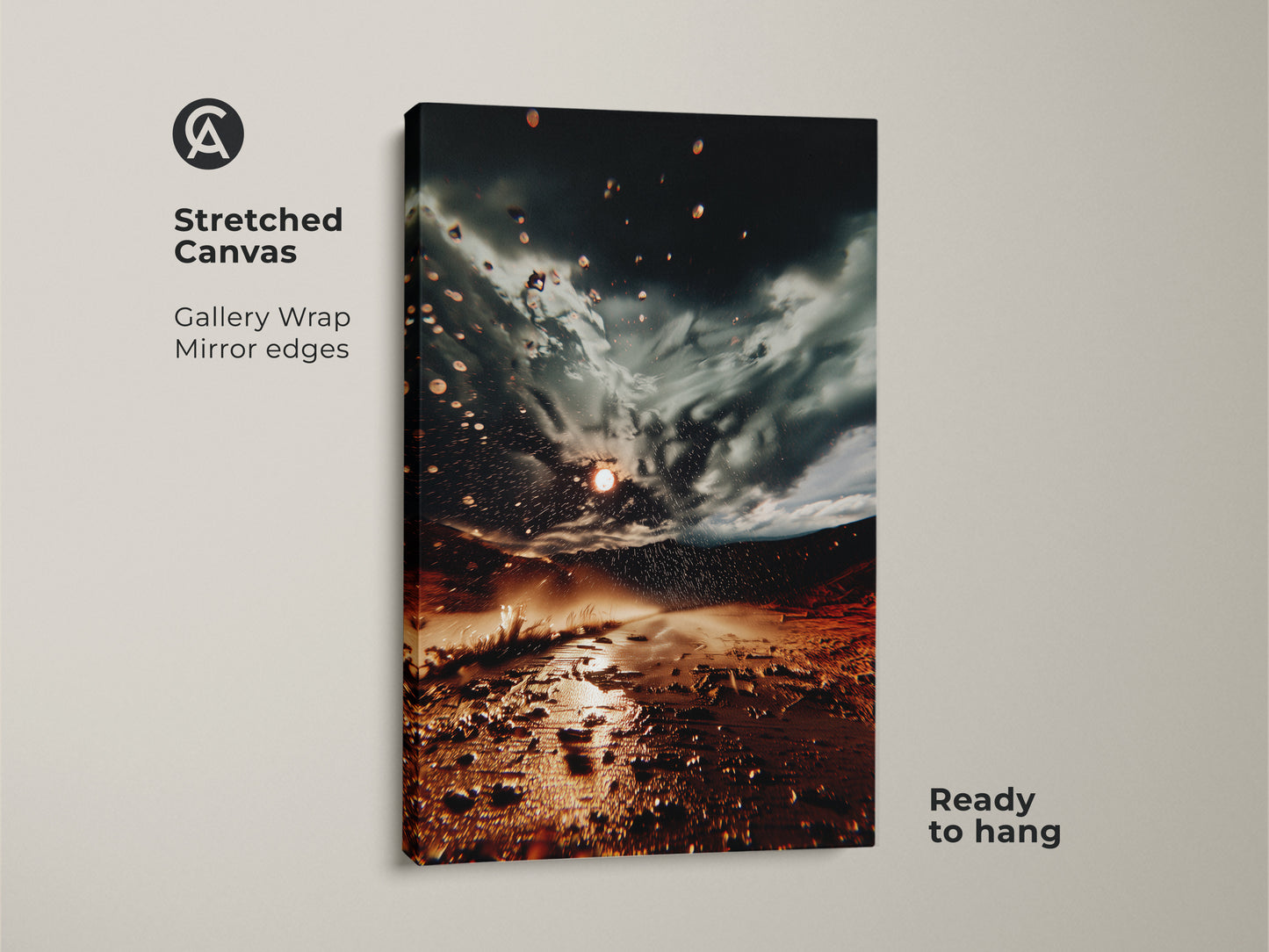 Stretched Canvas featuring a surreal desert storm landscape art. Gallery wrap with mirror edges gives a modern touch. This earth tones wall art is ready to hang great eclectic home decor print.
