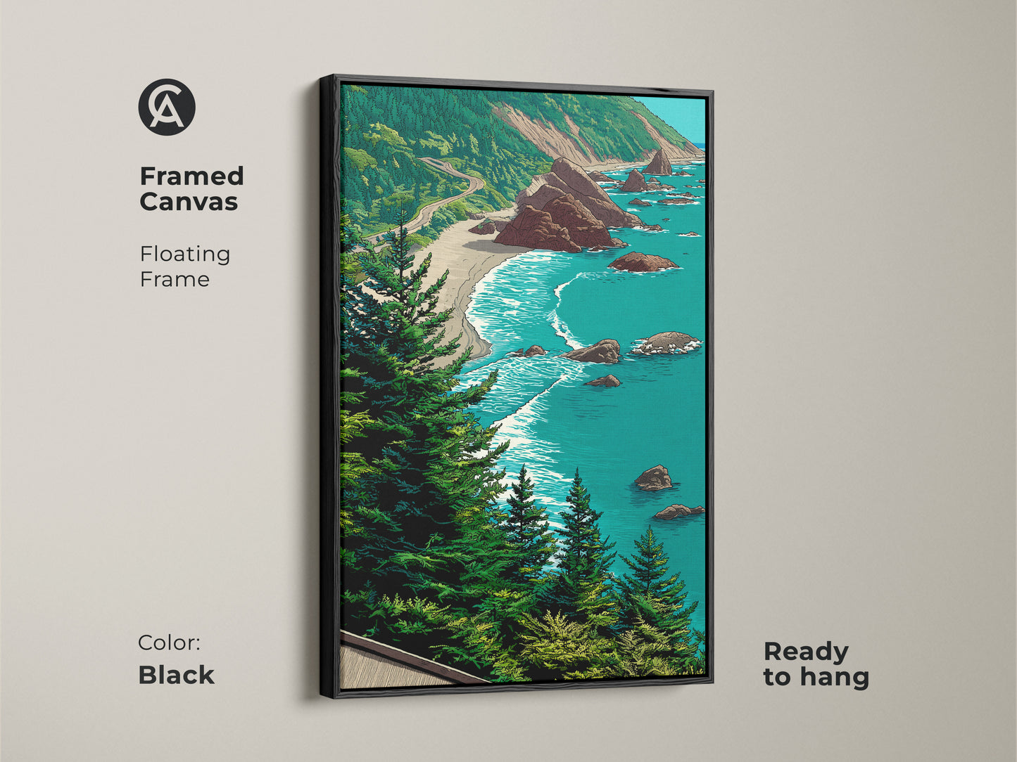 Framed canvas art of a coastal landscape featuring an ocean beach and rocky shoreline. Black floating frame enhances the teal blue green nature decor. Ready to hang this artwork is perfect for coastal home decor. The scenic ocean view canvas adds a touch of seaside beauty to any living room or bedroom. A great housewarming present for beach lovers.