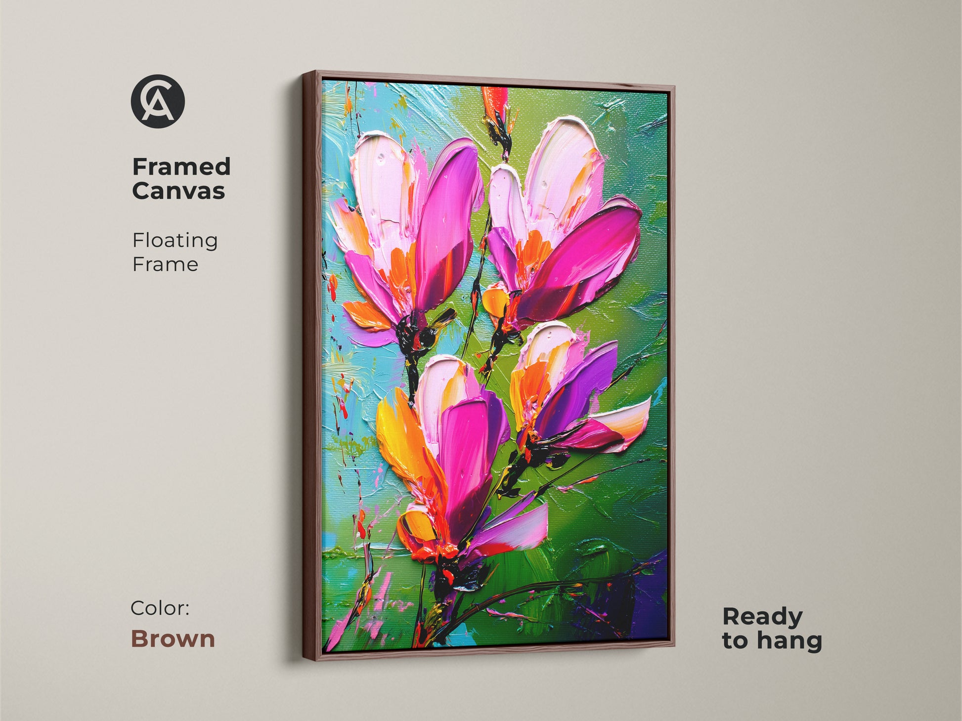 Framed canvas print with a brown floating frame showcasing textured floral artwork. The pink and magenta flowers bring a vibrant feel to any room. Botanical wall art perfect for eclectic home decor. This impressionist artwork is ready to hang and enjoy.