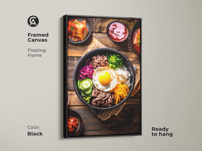 Framed canvas in a floating black frame displaying Bibimbap artwork. This ready-to-hang Korean food photography brings vibrant Asian flavors to your kitchen. It features beef vegetables and a fried egg perfect for foodies.