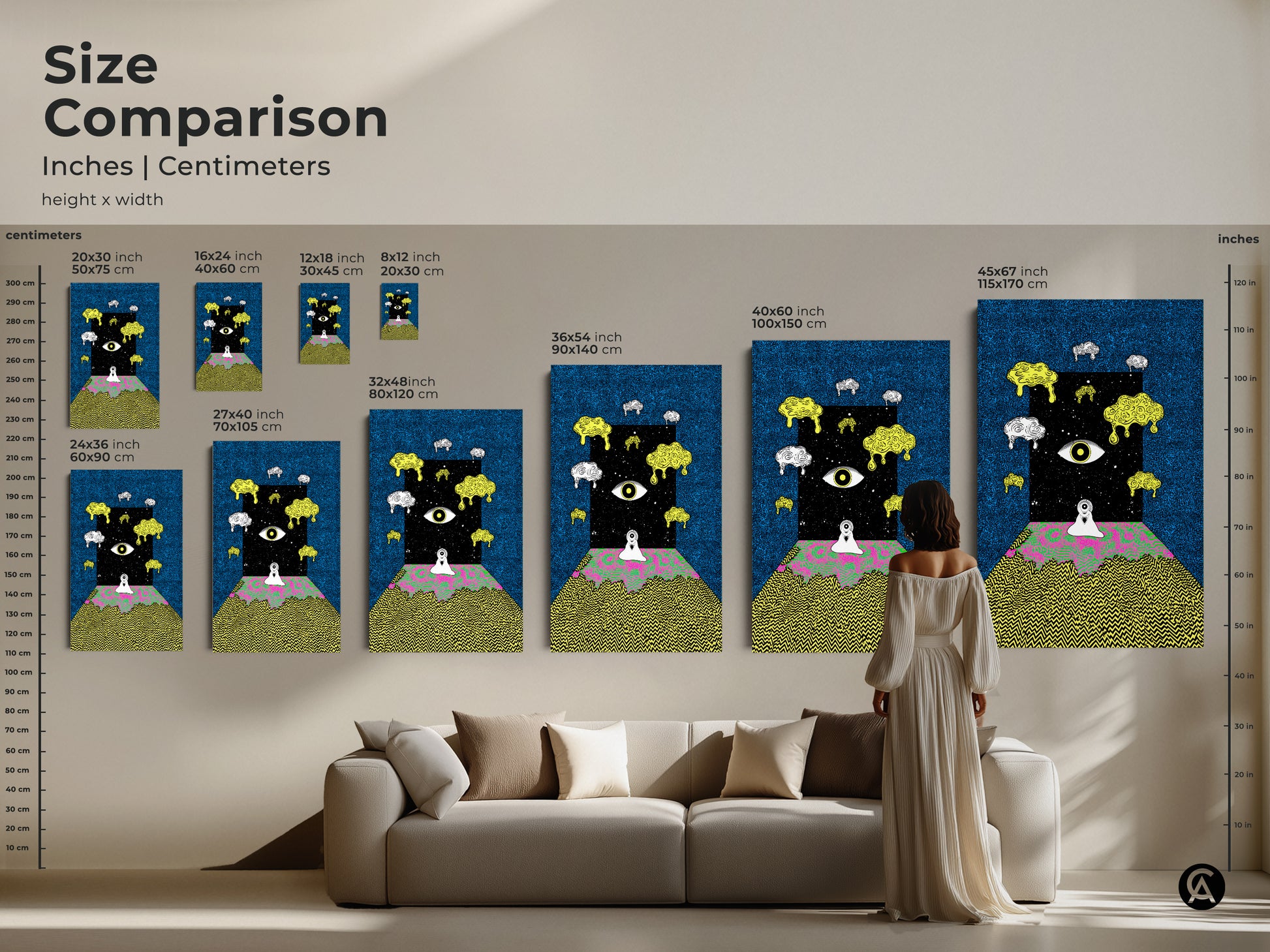 Compare sizes of surreal eye canvas artwork in inches and centimeters. See the psychedelic abstract art in various dimensions. From small to extra large find the perfect fit for your space. The eclectic artwork makes a statement in any room. Elevate your home decor today with a unique wall art piece