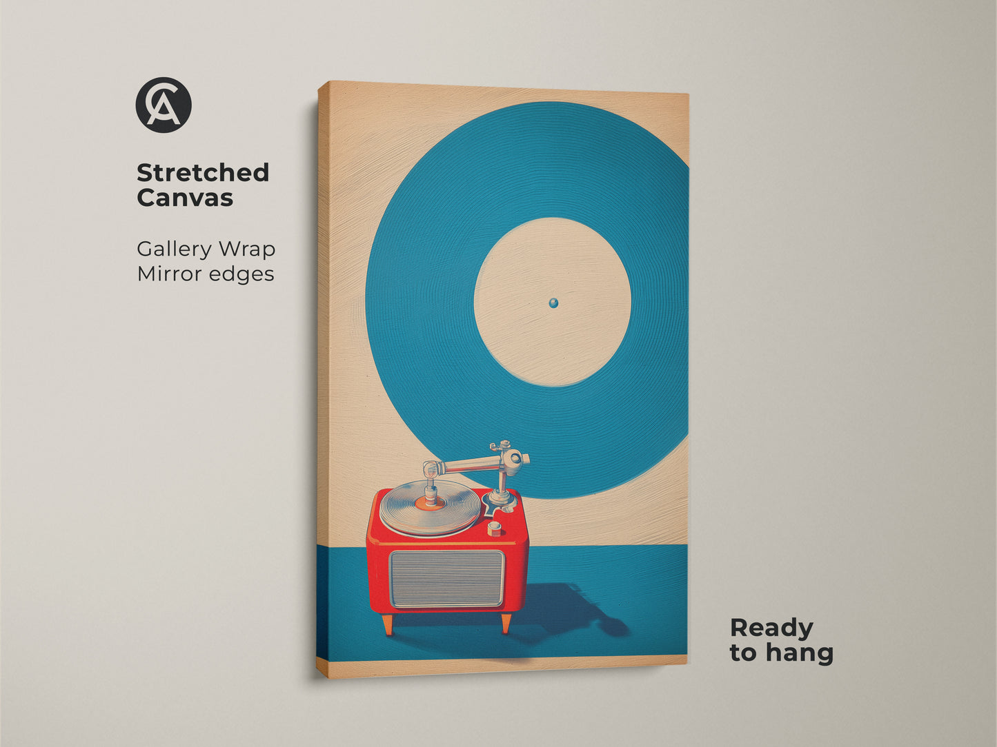 Stretched canvas featuring mid-century modern turntable art. The retro vinyl record canvas print has gallery wrapped mirrored edges. Ready to hang teal and red music wall art. Vintage record player poster adds a pop art touch. A perfect retro living room art piece.