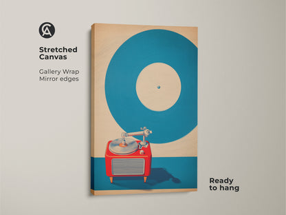 Stretched canvas featuring mid-century modern turntable art. The retro vinyl record canvas print has gallery wrapped mirrored edges. Ready to hang teal and red music wall art. Vintage record player poster adds a pop art touch. A perfect retro living room art piece.