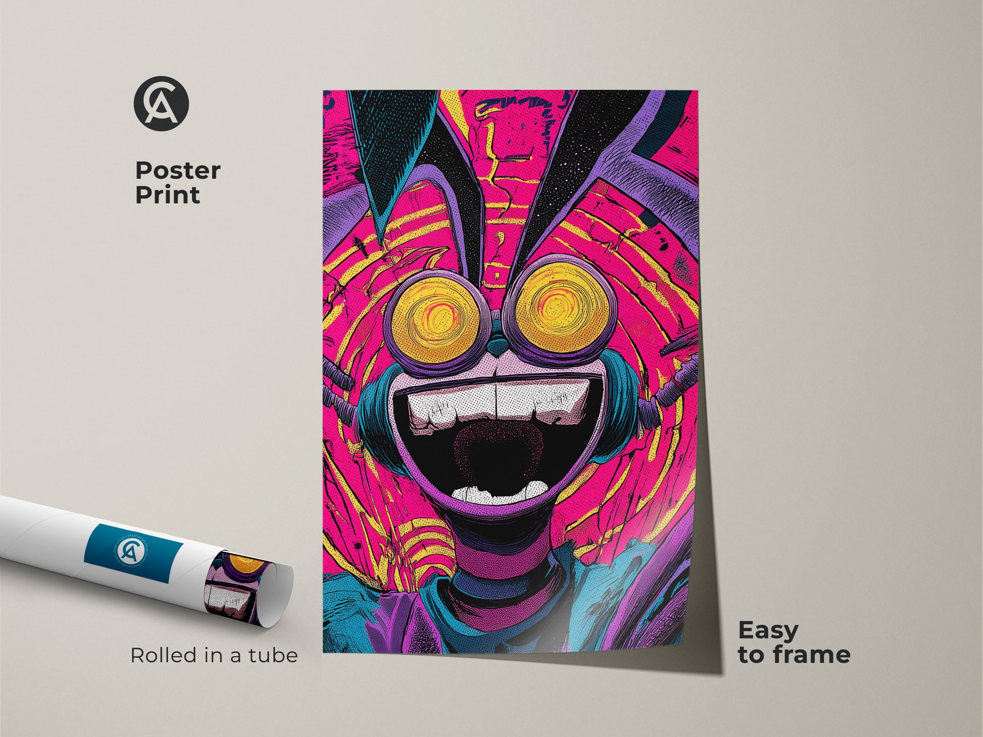 Poster print of a whimsical character art. The artwork features bright colors and a playful composition. The poster is easy to frame and adds a pop of fun to any space. It ships rolled in a protective tube for safe arrival