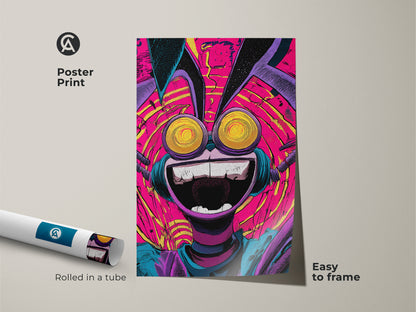 Poster print of a whimsical character art. The artwork features bright colors and a playful composition. The poster is easy to frame and adds a pop of fun to any space. It ships rolled in a protective tube for safe arrival