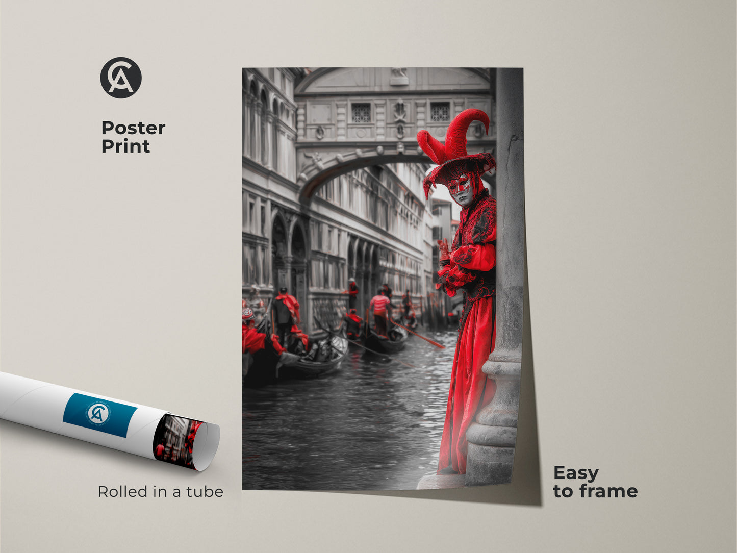 This poster print features a Venetian masquerade figure. The red and black wall artwork shows a gondola scene. Easy to frame and shipped in a tube. This theatrical art is ideal for travel enthusiasts.