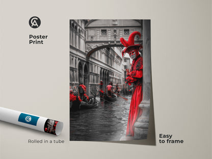 This poster print features a Venetian masquerade figure. The red and black wall artwork shows a gondola scene. Easy to frame and shipped in a tube. This theatrical art is ideal for travel enthusiasts.