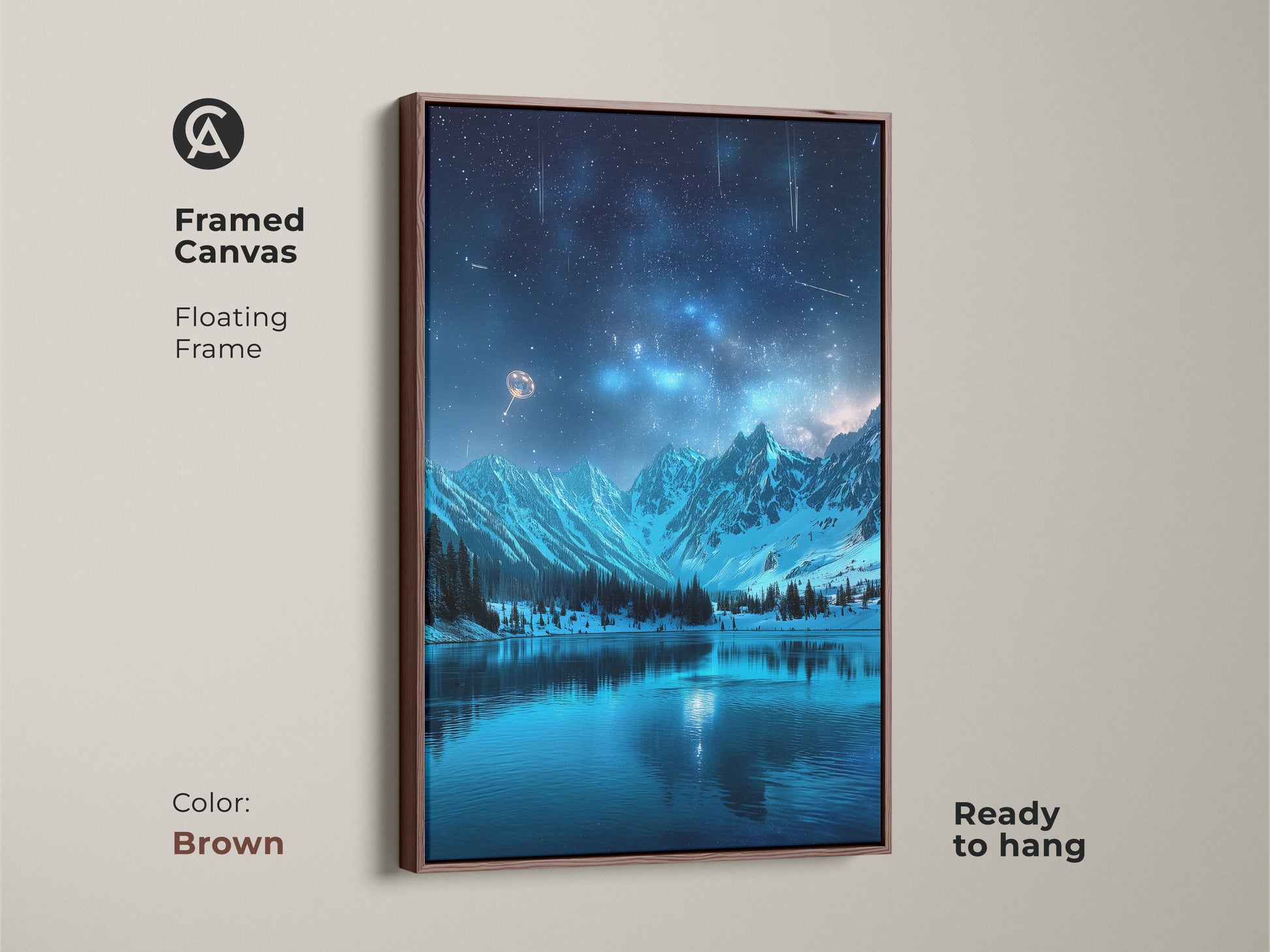 Framed Canvas with a Brown Floating Frame of a Sci-Fi Landscape Artwork. The fantasy landscape canvas art features snowy mountains under a starry sky. This celestial lake artwork is ready to hang. A perfect contemporary home gift.