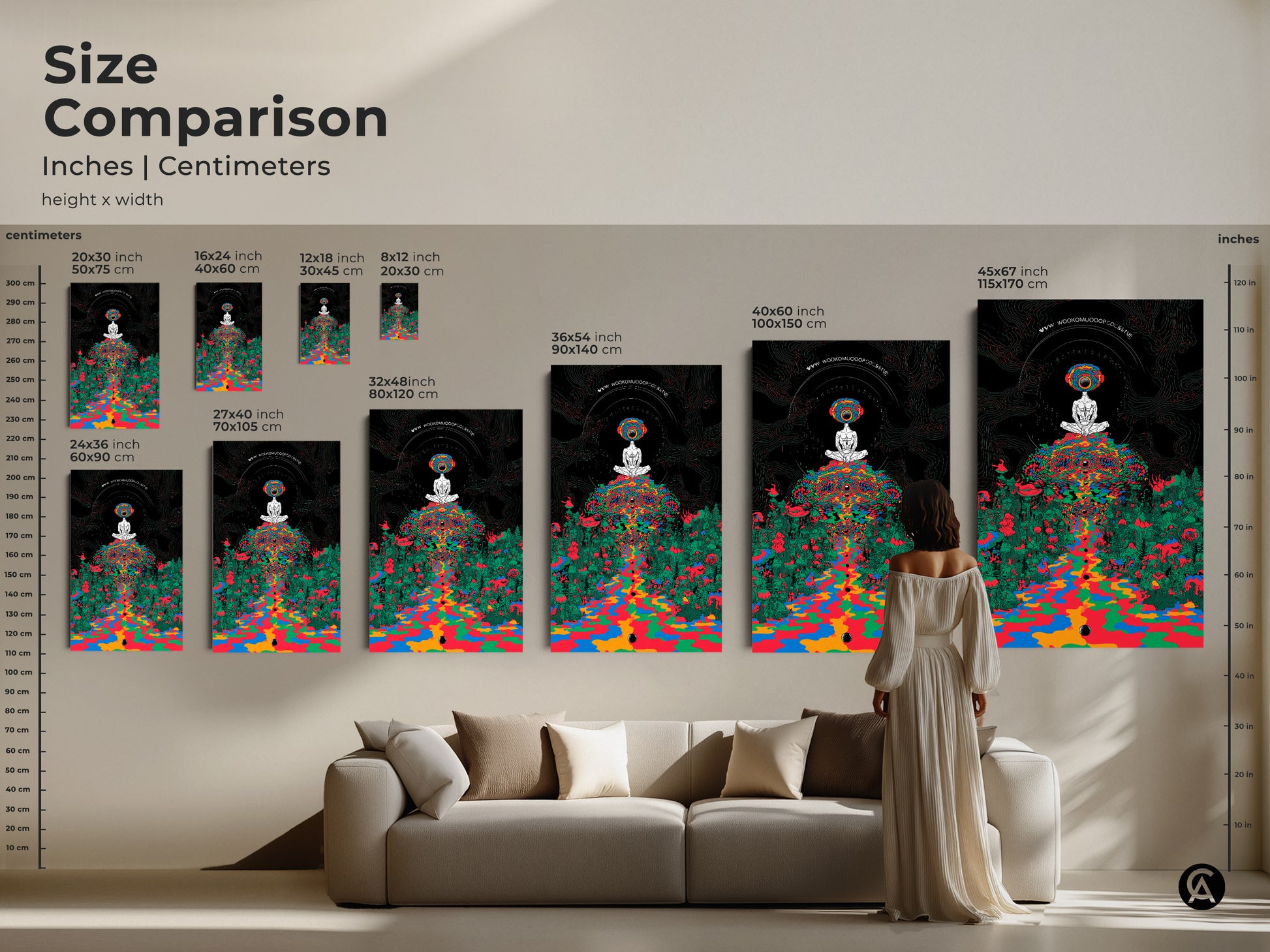 Size comparison showcasing psychedelic mushroom forest art in inches and centimeters. Various sizes reveal a meditating figure in trippy surrealism canvas. Indigo green abstract art makes colorful bohemian decor.