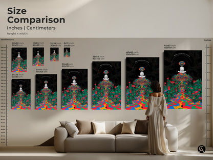 Size comparison showcasing psychedelic mushroom forest art in inches and centimeters. Various sizes reveal a meditating figure in trippy surrealism canvas. Indigo green abstract art makes colorful bohemian decor.