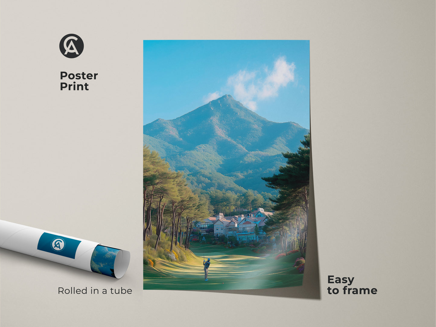 Poster print featuring a golf course with a mountain backdrop. The artwork showcases a golfer preparing to swing. The print is rolled in a tube for protection and easy framing. A serene landscape is captured in this piece.