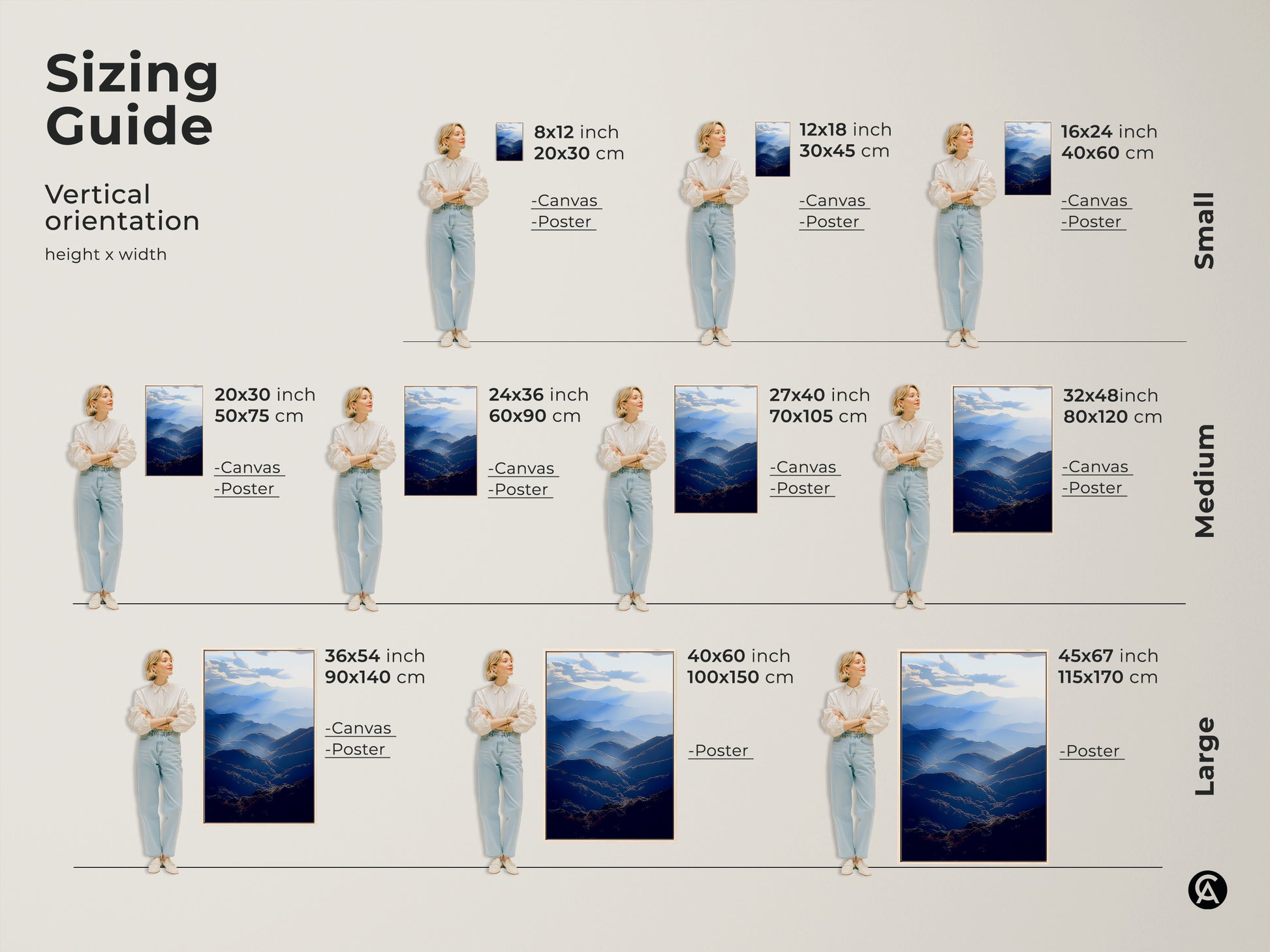 Sizing guide showing vertical dimensions for the blue mountain range art. Available as canvas or poster in small medium and large sizes. Find the ideal atmospheric landscape wall art to fit your space. This serene valley artwork is perfect for any bedroom or living room.