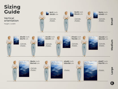 Sizing guide showing vertical dimensions for the blue mountain range art. Available as canvas or poster in small medium and large sizes. Find the ideal atmospheric landscape wall art to fit your space. This serene valley artwork is perfect for any bedroom or living room.