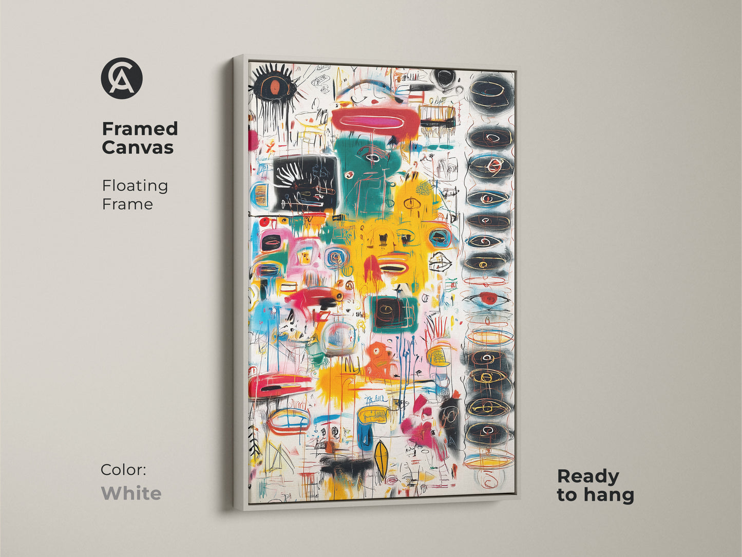 Brighten up your walls with this framed abstract canvas art. The floating frame is in a clean white color. This artwork is ready to hang. It brings a fresh modern touch to your home decor.